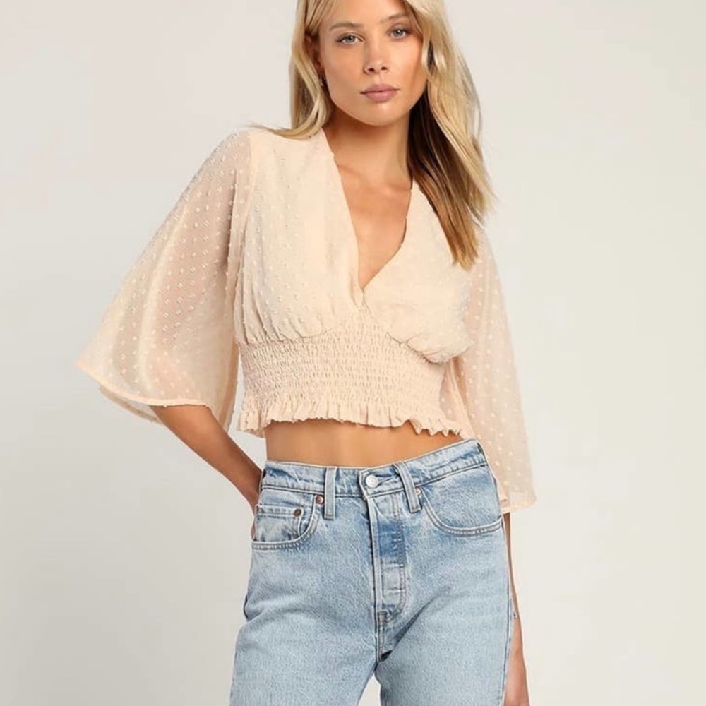 LULU'S Brightest Bliss Swiss Dot Flutter Sleeve Smocked Top Small S